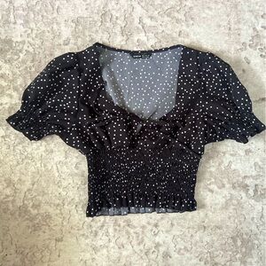 SHEIN Black and White Smocked Crop Blouse